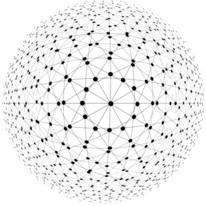 transparent sphere whose surface is made apparent by a number of black dots connected via short grey lines